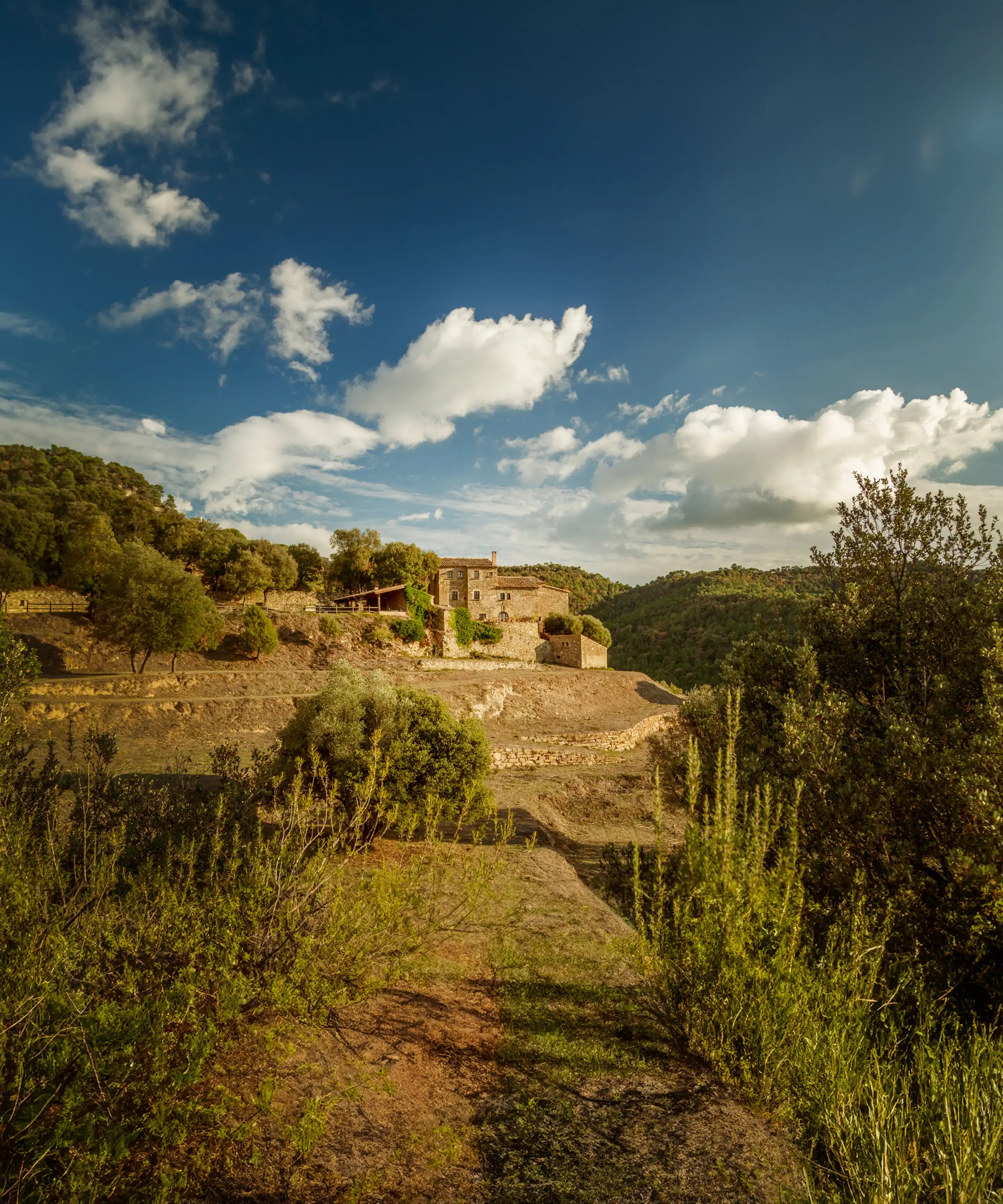 Mas Girbau farmhouse on the ridge among the forests of Granera